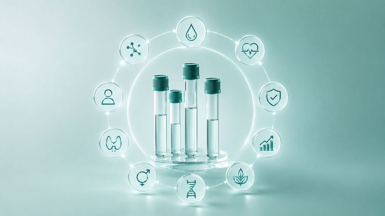 Illustration of diagnostic lab test tubes surrounded by health biomarkers used in whole-health programs, including metabolic, hormonal, cardiovascular, and wellness indicators.
