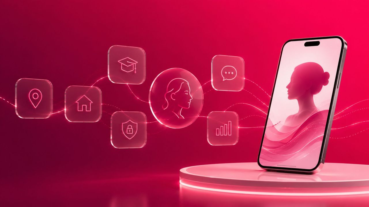 Digital illustration of a woman connected to a telehealth platform through a smartphone, symbolizing the role of telehealth in perimenopause