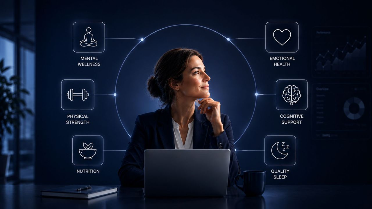 Illustration representing whether you should add whole-health services to your business, featuring integrated wellness services including nutrition, mental wellness, sleep, cognitive support, emotional health, and physical strength.