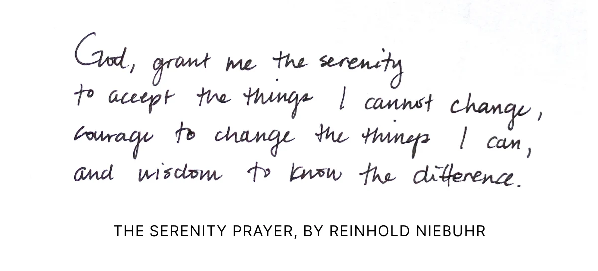 A Monarch by SimplePractice illustration of the Serenity Prayer by Reinhold Niebuhr in black cursive writing. 