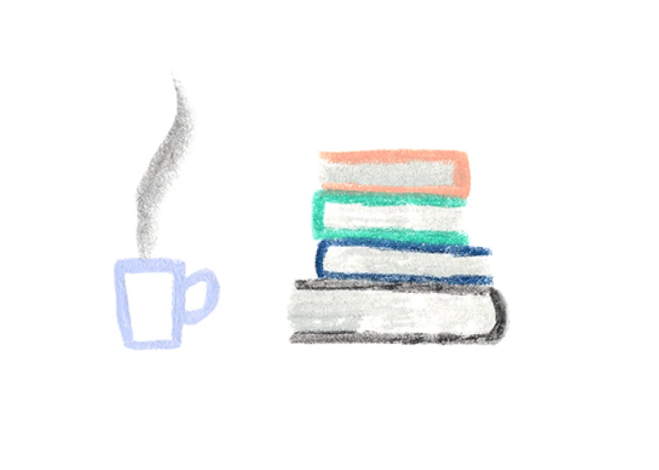 A Monarch original illustration of a cup of coffee and a stack of books as a pre-bedtime ritual