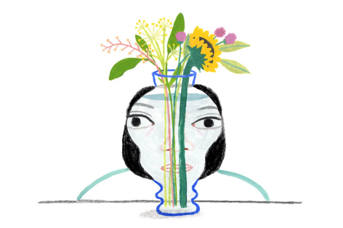 A Monarch by SimplePractice illustration of the head a woman with black hair behind a tall, skinny flower vase with different colored flowers and leaves in it. 