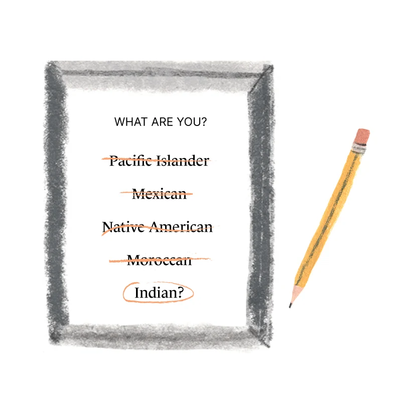 A Monarch by SimplePractice original illustration of a paper listing South Asian Indian, Pacific Islander, and other ethnic and racial backgrounds