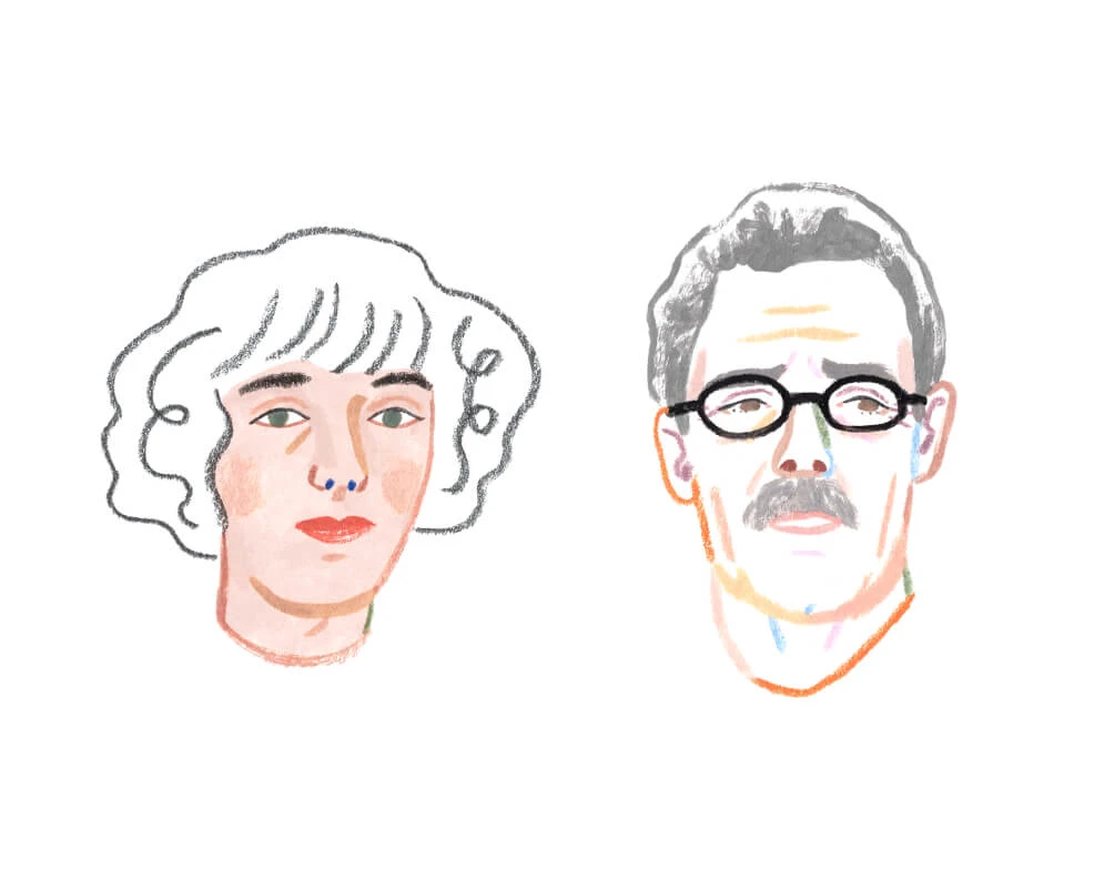 A Monarch by SimplePractice illustration of the heads of a woman with white hair and a man with a gray hair and mustache wearing glasses.