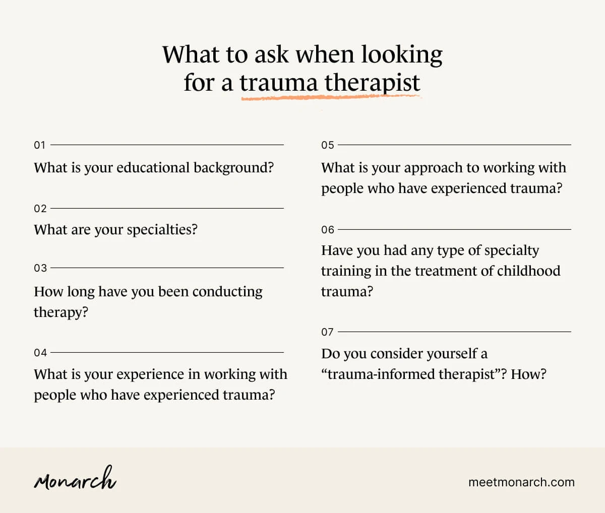 A Monarch by SimplePractice infographic of what to ask when looking for a trauma therapist.