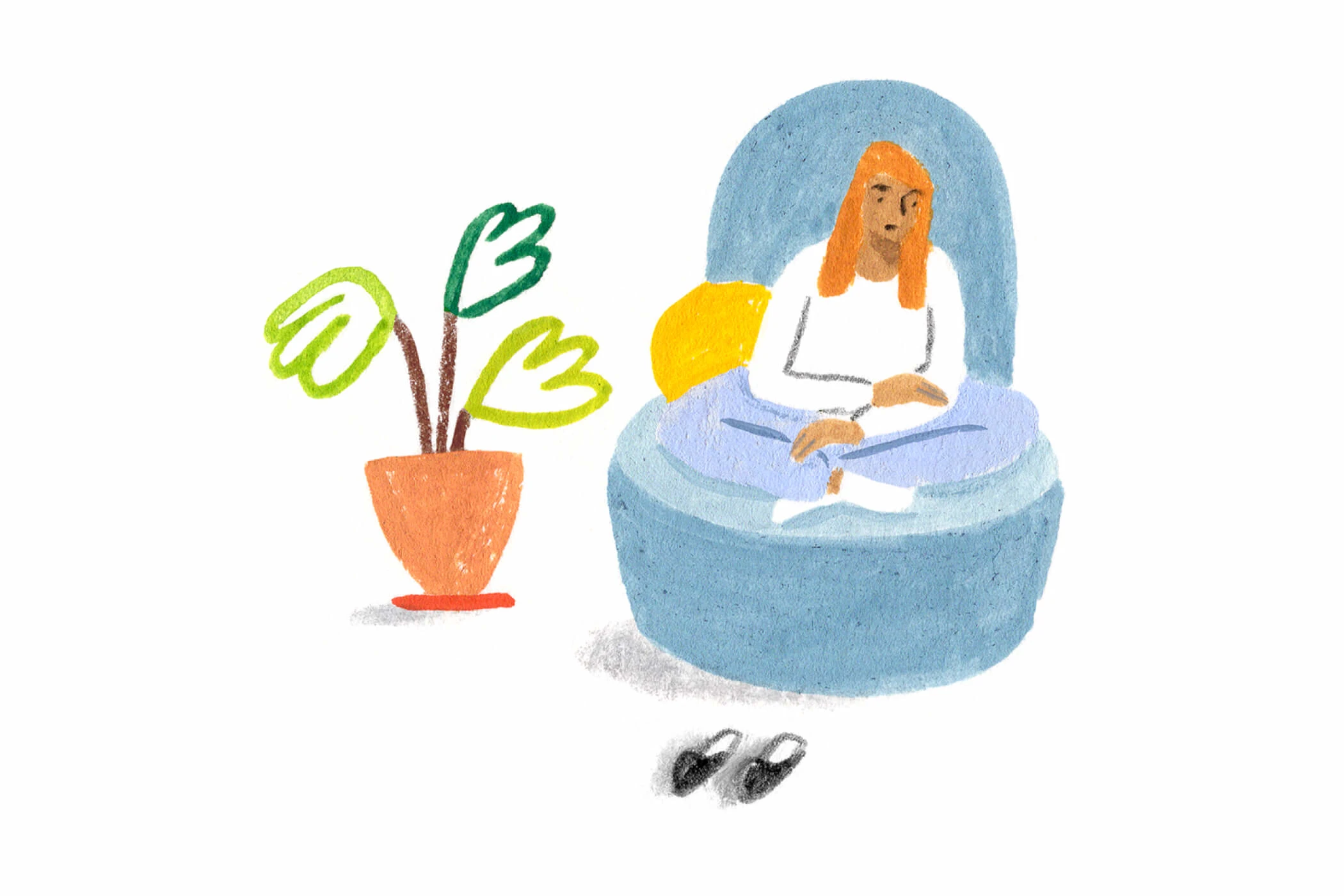 A Monarch by SimplePractice illustration of a girl with orange hair wearing a white shirt and purple pants sitting cross-legged on a blue chair next to a potted plant. 