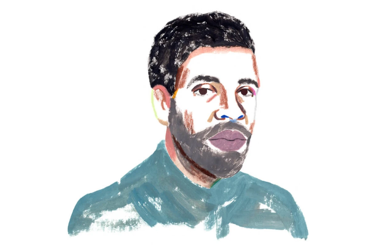 A Monarch by SimplePractice illustration of a Black man with a beard from the shoulders up wearing a blue shirt. 