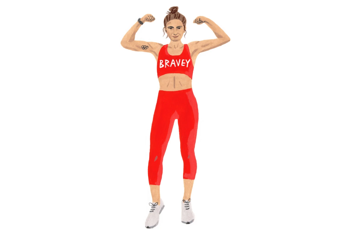 A Monarch by SimplePractice illustration of Alexi Pappas standing and flexing her muscles while wearing a red sports bra and leggings.