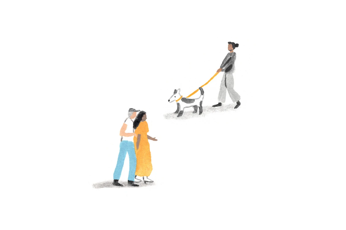 A Monarch by SimplePractice illustration of a man and woman walking with each other and walking past a woman walking a dog. 