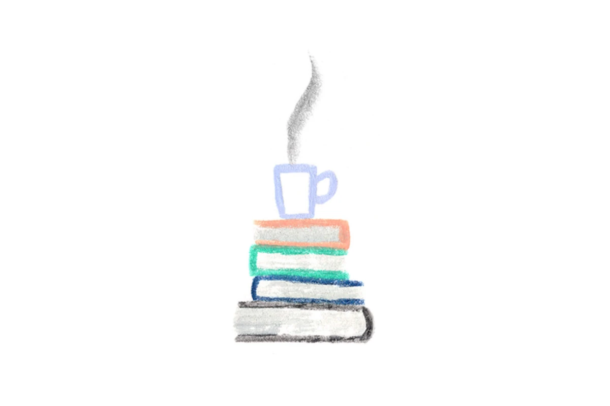 A Monarch by SimplePractice illustration of a stack of books with a cup of coffee on top.