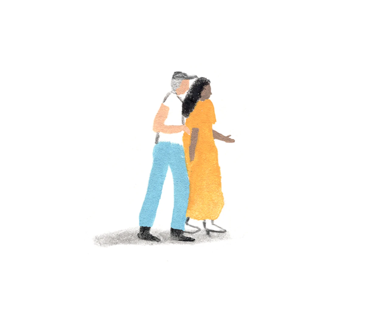 A Monarch by SimplePractice illustration of a white man in a black baseball cap, white t-shirt, blue jeans, and black shoes walking next to a Black woman in a long orange dress and white shoes. 