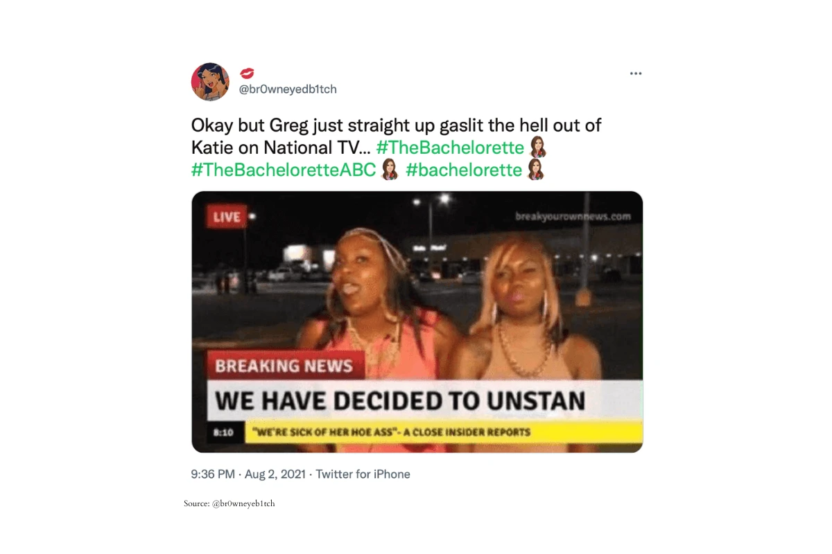 A screenshot of a tweet posted by @br0wneyeb1tch accusing Greg Grippo of gaslighting Katie Thurston on an episode of The Bachelorette.