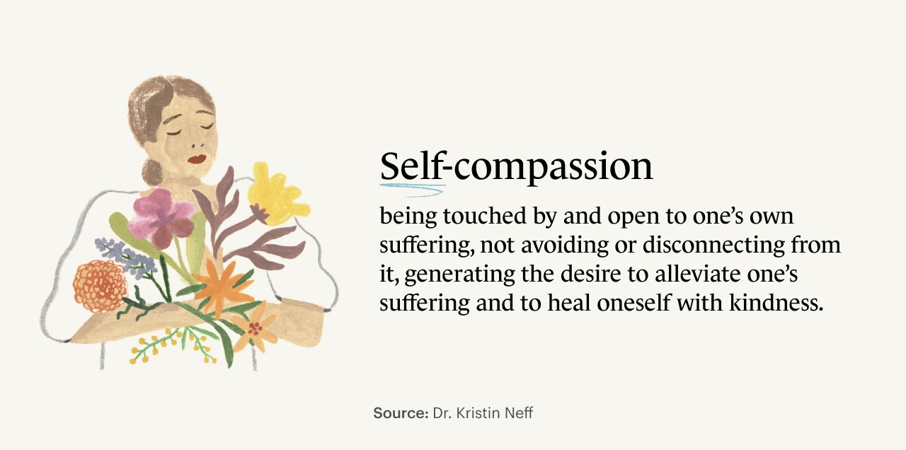 A Monarch original illustration of a woman holding flowers and showing the definition of self-compassion. 