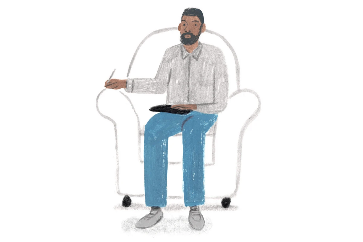 A Monarch by SimplePractice illustration of a man with black hair and a black beard wearing a gray shirt, blue pants, and gray shoes sitting in a white chair holding a pen and notepad. 