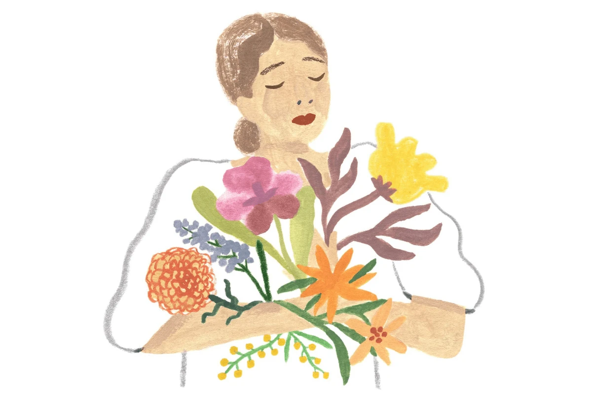 A Monarch by SimplePractice illustration of a woman with brown hair wearing a white shirt holding a colorful bouquet of flowers. 