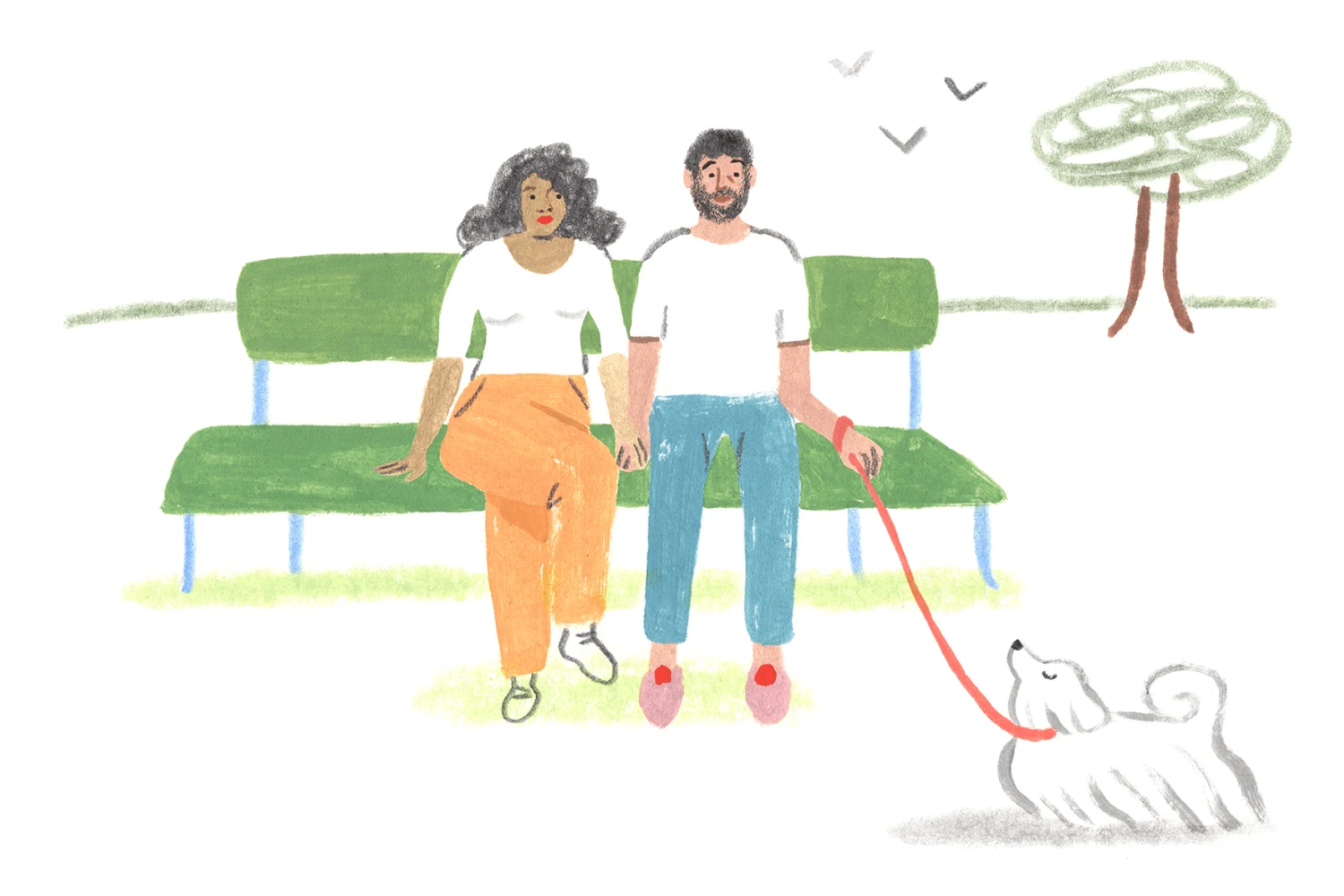 A Monarch original illustration of a couple sitting on a bench with their dog and enjoying each other’s company away from phones