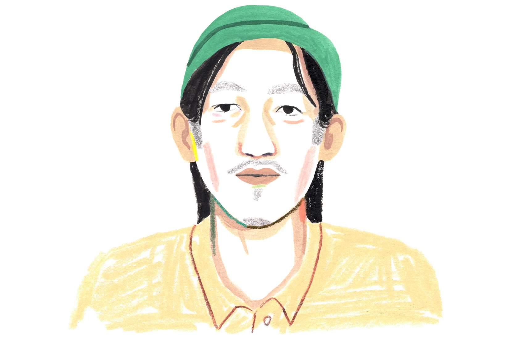 An illustration of an Asian man wearing a green hat. 