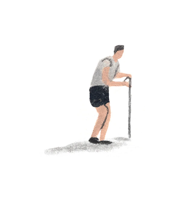 A Monarch by SimplePractice illustration of a man with a gray shirt, black shorts, and black shoes walking with a cane. 