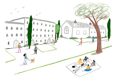 A Monarch original illustration of people outside and connecting with their bodies