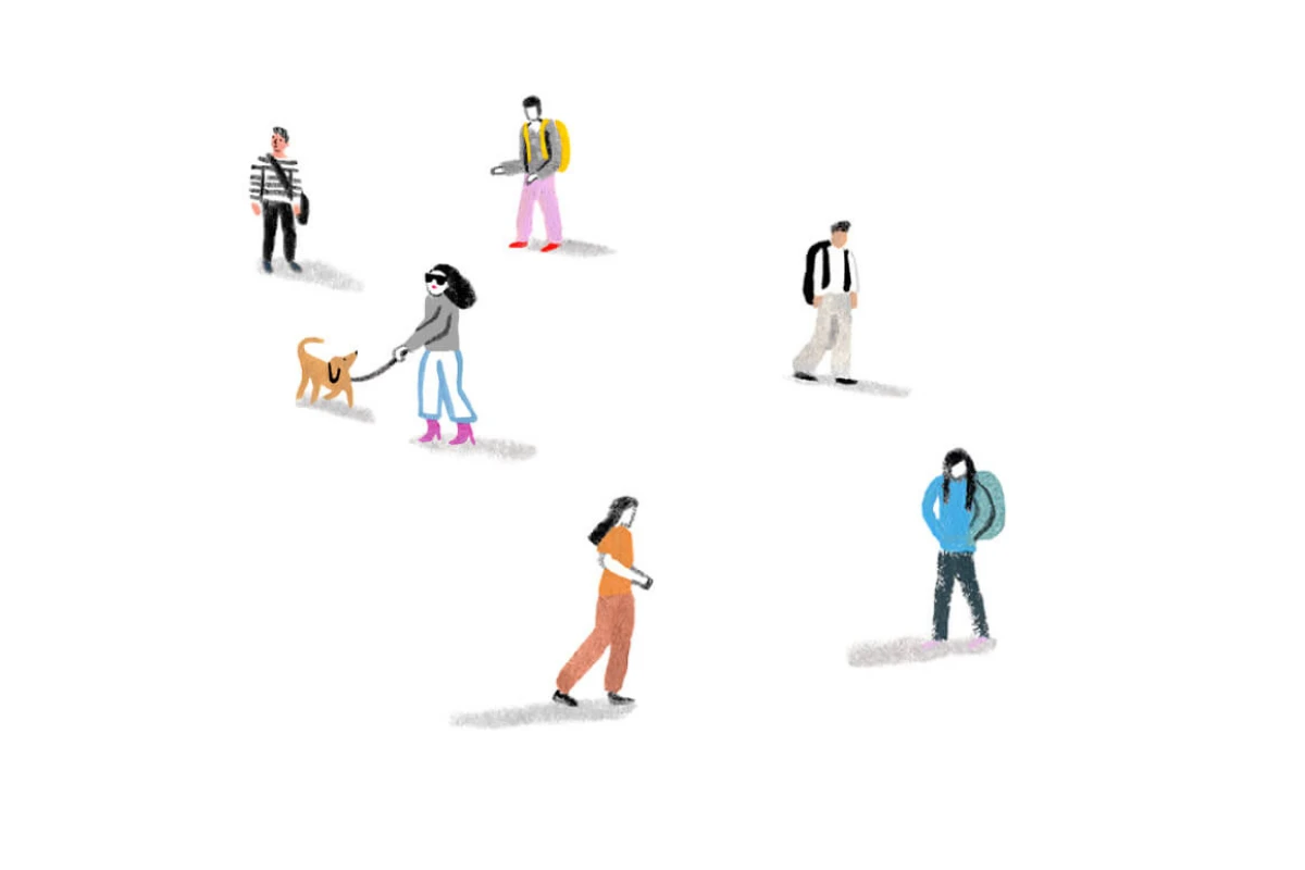 A Monarch by SimplePractice illustration of six different people walking in all different directions. 