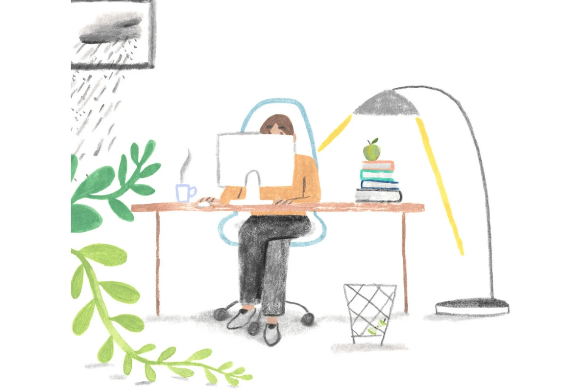 A Monarch by SimplePractice illustration of a girl sitting at her desk on her computer with a lamp, books, and plants. 