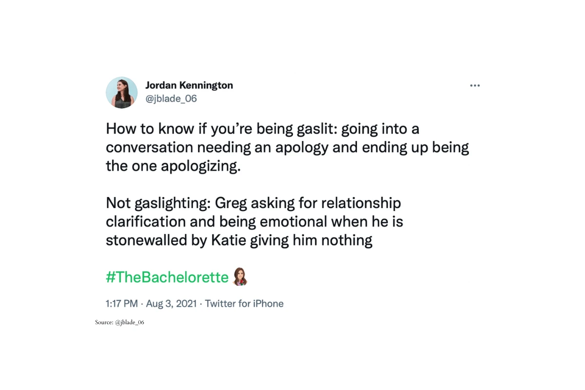 A screenshot of a tweet posted by @jblade_06 defending Greg Grippo from accusations that he gaslit Katie Thurston on an episode of The Bachelorette. 