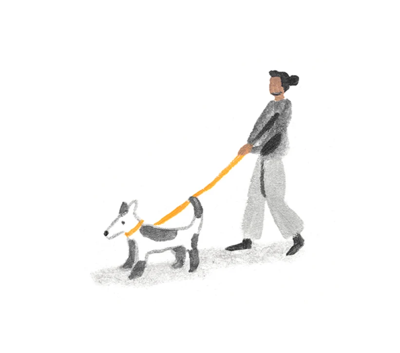 A Monarch by SimplePractice illustration of a woman dressed in gray walking a black and white dog on a yellow leash. 
