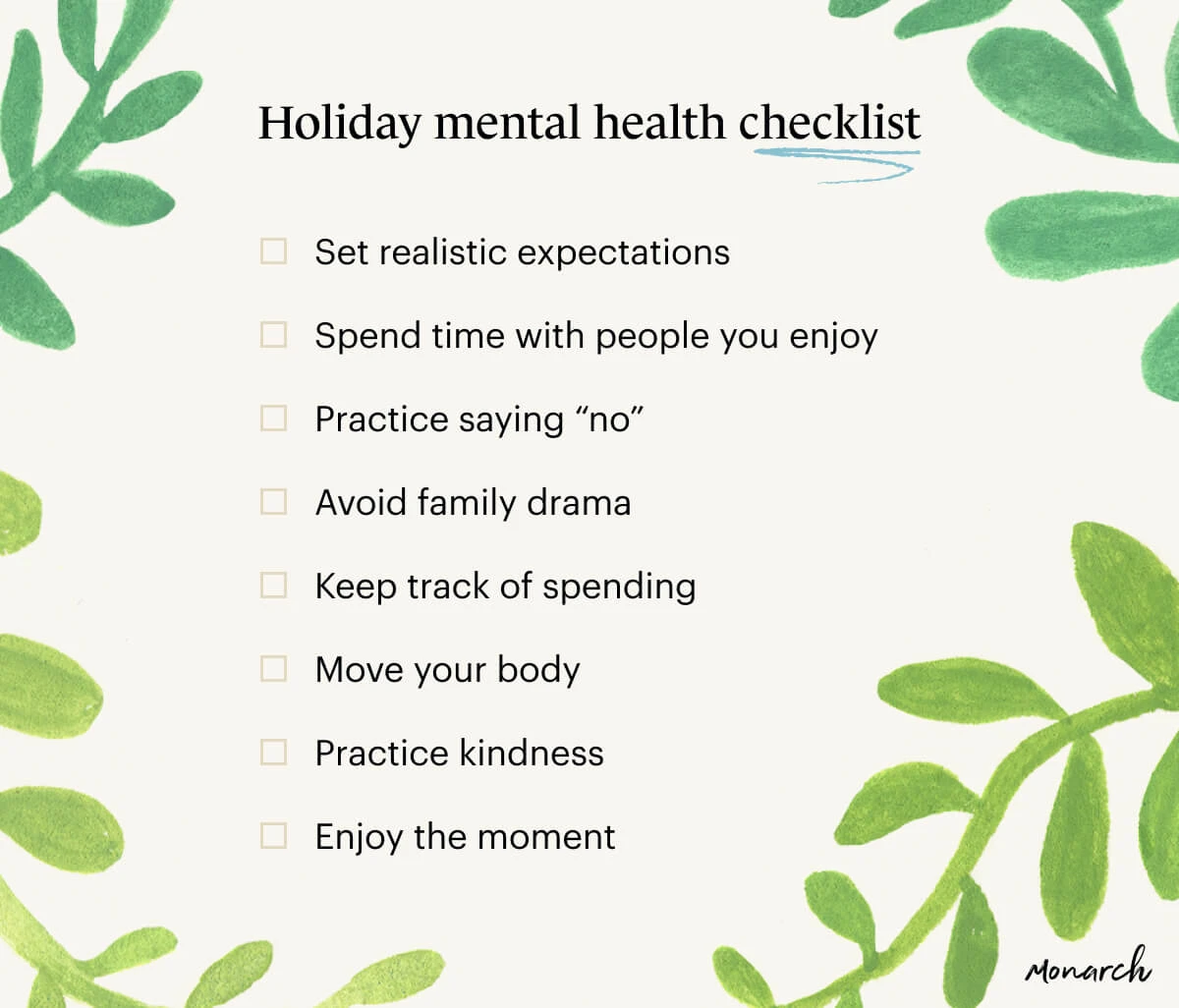 Checklist with tips for avoiding common stressors during the holidays