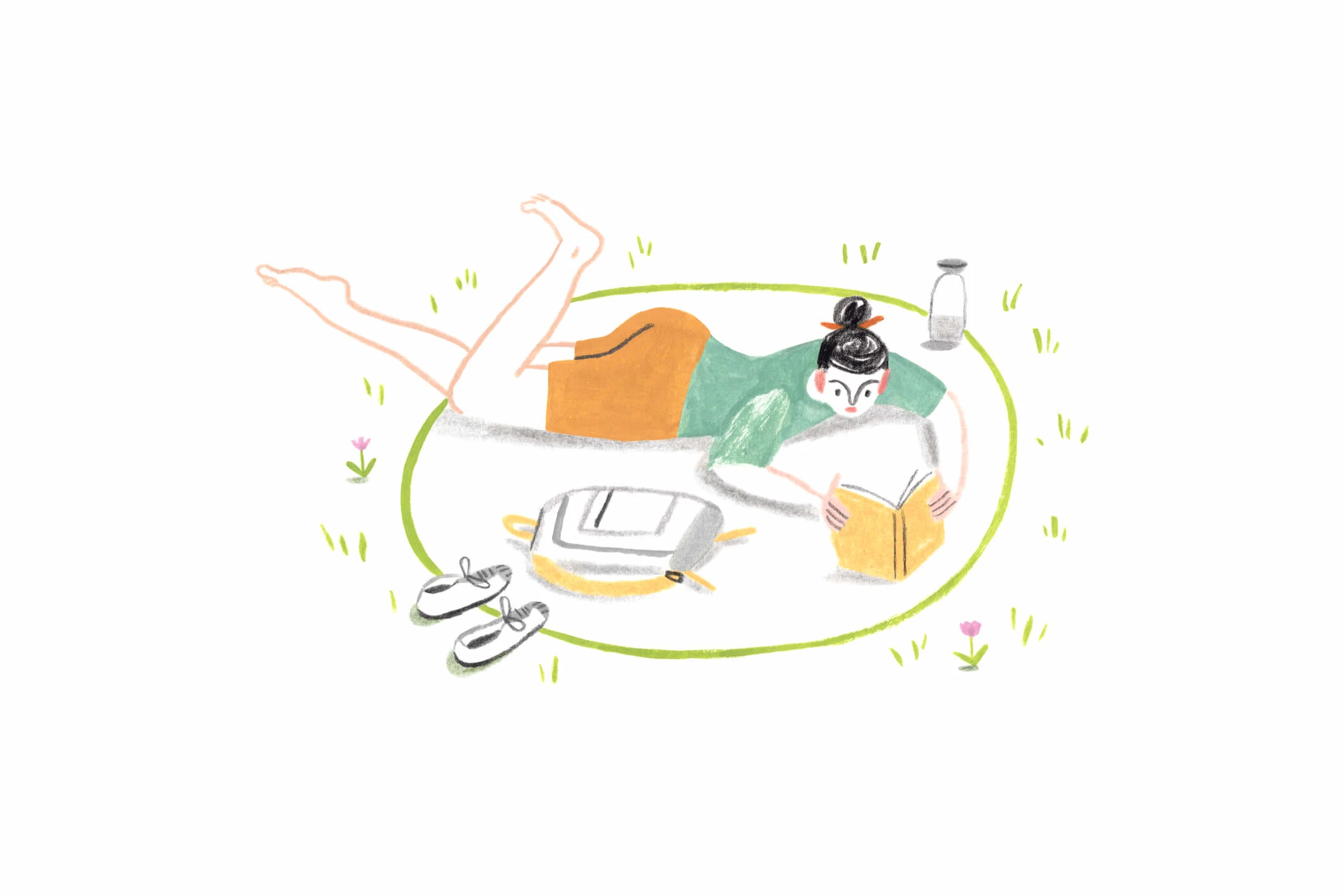 A Monarch by SimplePractice illustration of a woman laying on a blanket on the grass next to a water bottle, backpack, and shoes while reading a book. 