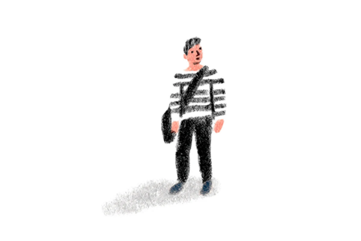 A Monarch by SimplePractice illustration of a man wearing a black and white striped shirt, black pants, black shoes, and a black messenger bag. 
