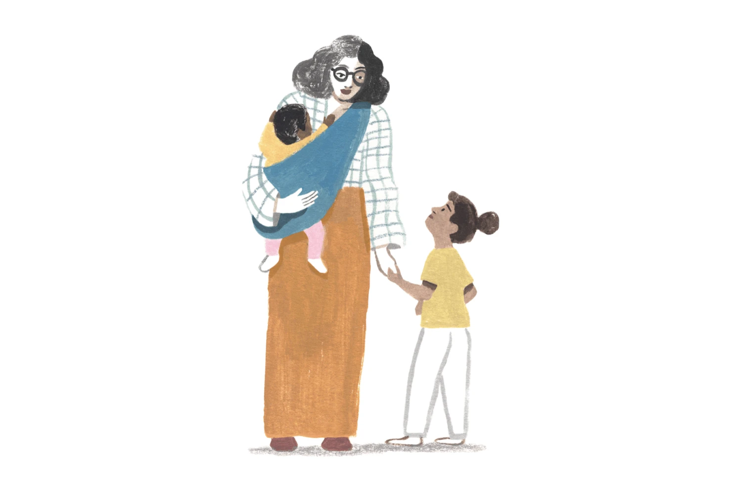 A Monarch original illustration of a mother, struggling with anxiety during the pandemic, holding her baby and her child’s hand.