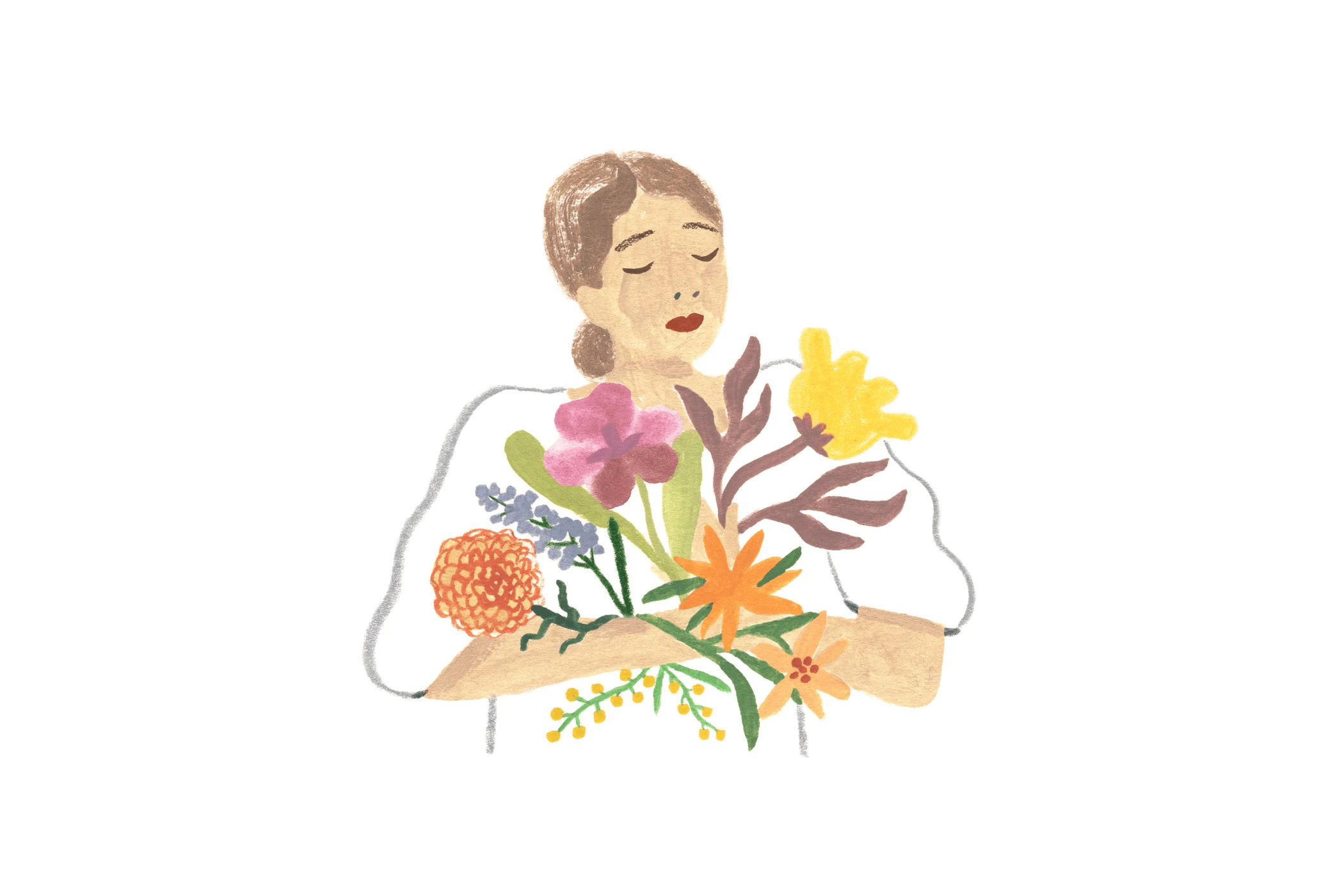 A Monarch by SimplePractice illustration of a woman holding a bouquet of flowers. 