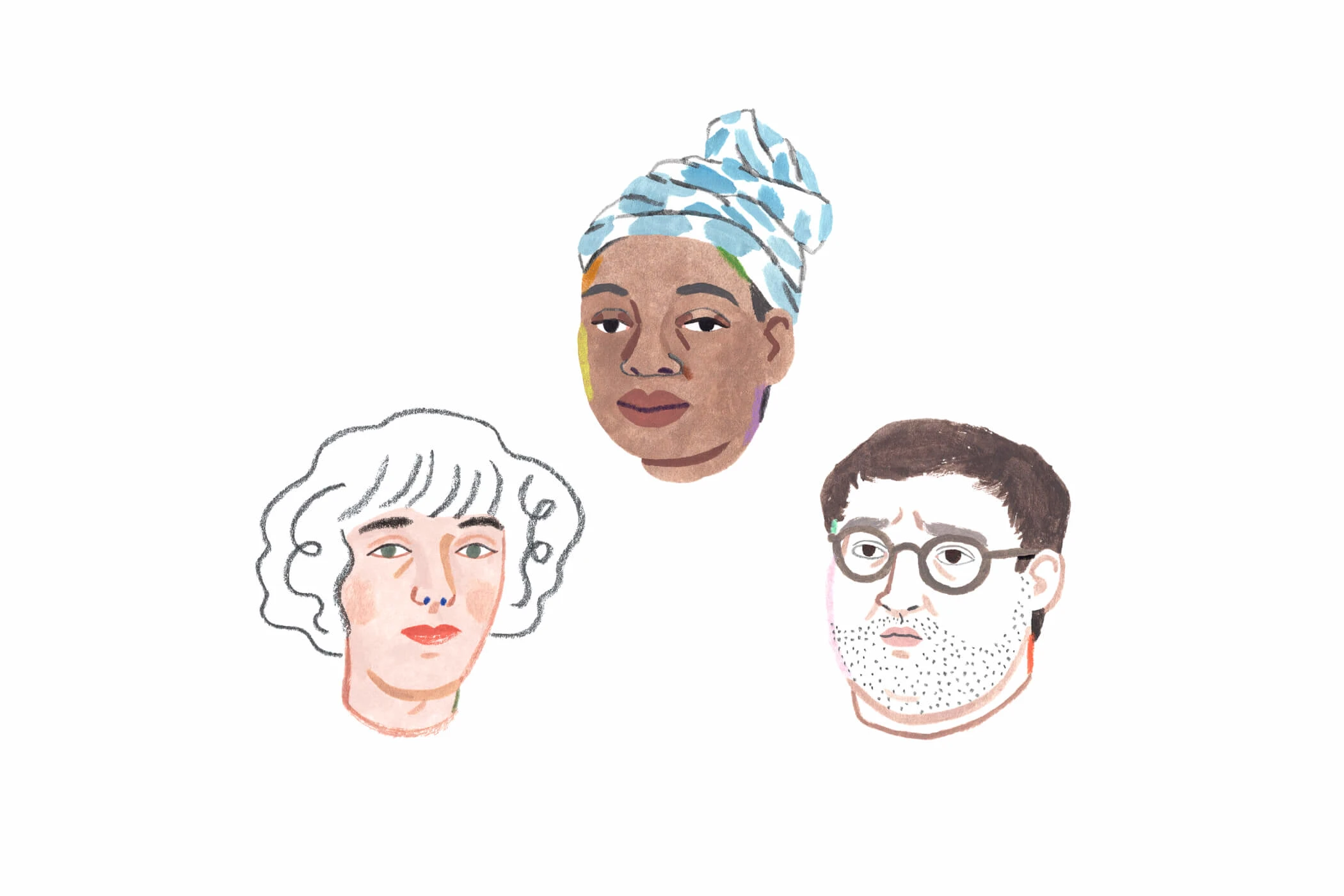 A Monarch by SimplePractice illustration of three floating heads of one woman with white hair, another woman white blue and white head scarf, and a man with brown hair and glasses.