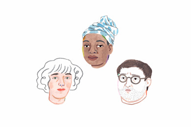 A Monarch by SimplePractice illustration of three floating heads of one woman with white hair, another woman white blue and white head scarf, and a man with brown hair and glasses.