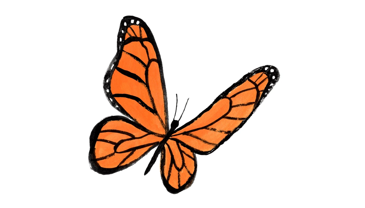An original illustration of a Monarch butterfly soaring with self-esteem.