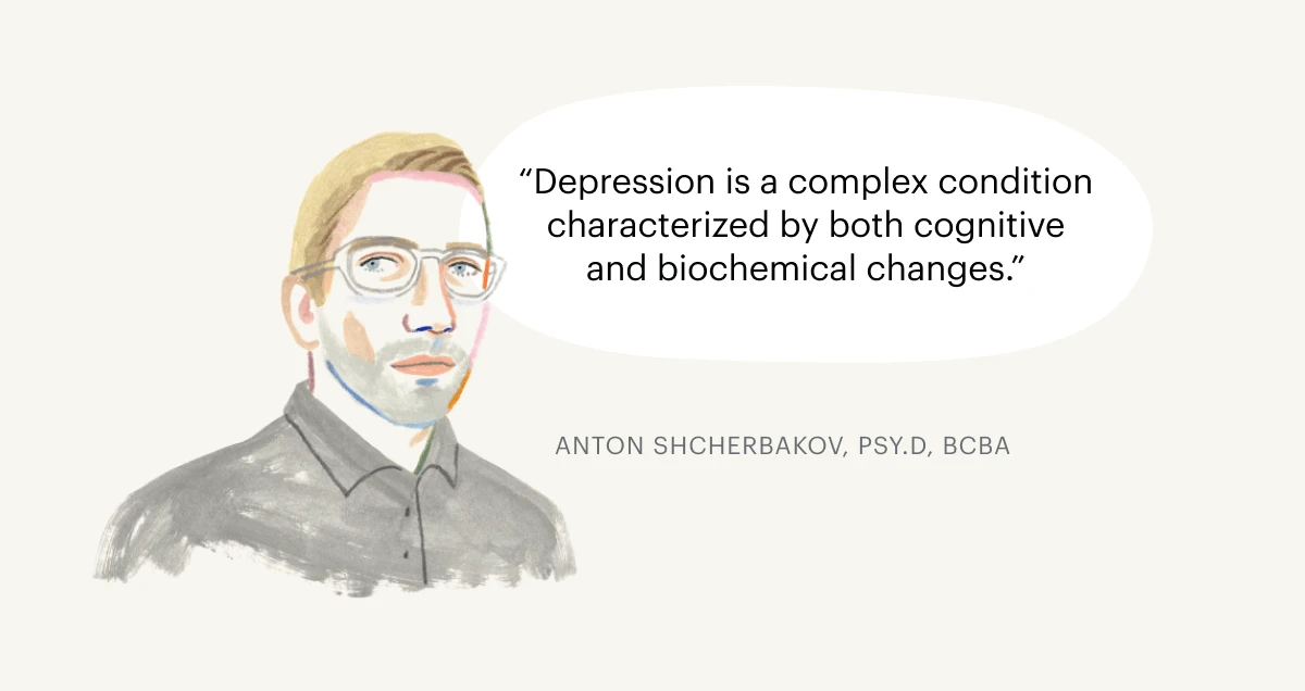 A Monarch original illustration of a man with glasses and a quote provided by Anton Shcherbakov, PSY.D, BCBA, on depression being a complex condition