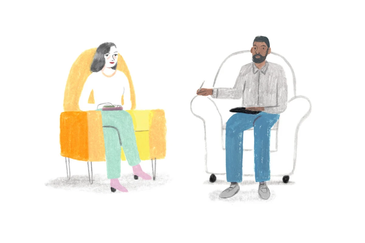 A Monarch by SimplePractice original illustration of a therapist wearing a gray shirt, blue pants, and gray sneakers sitting in a white chair facing a white woman wearing a white shirt, green pants, and pink shoes sitting in a yellow chair. 