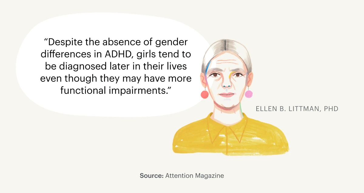 A Monarch original illustration of Ellen B. Littman talking about how girls tend to be diagnosed with ADHD later in their lives.