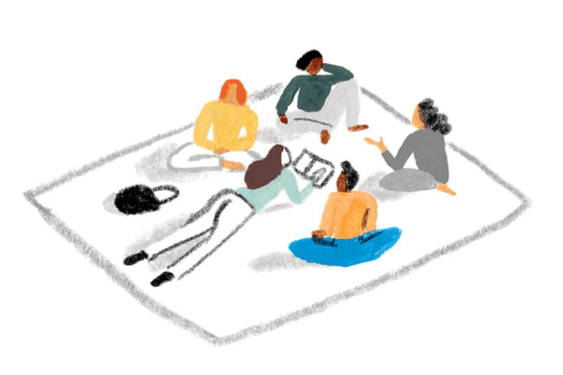 A Monarch by SimplePractice illustration of 5 people sitting on a blanket facing each other. 