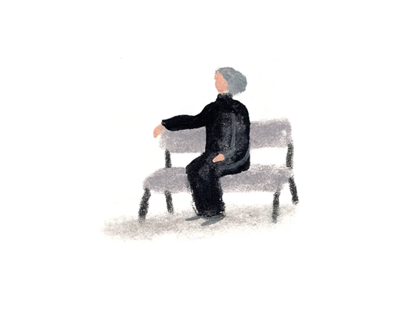 A Monarch by SimplePractice illustration of a woman with gray hair and dressed in all black sitting alone on a gray bench. 