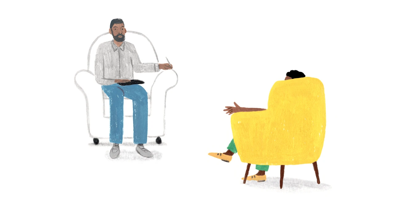 A Monarch original illustration of a Black therapist meeting with a Black client