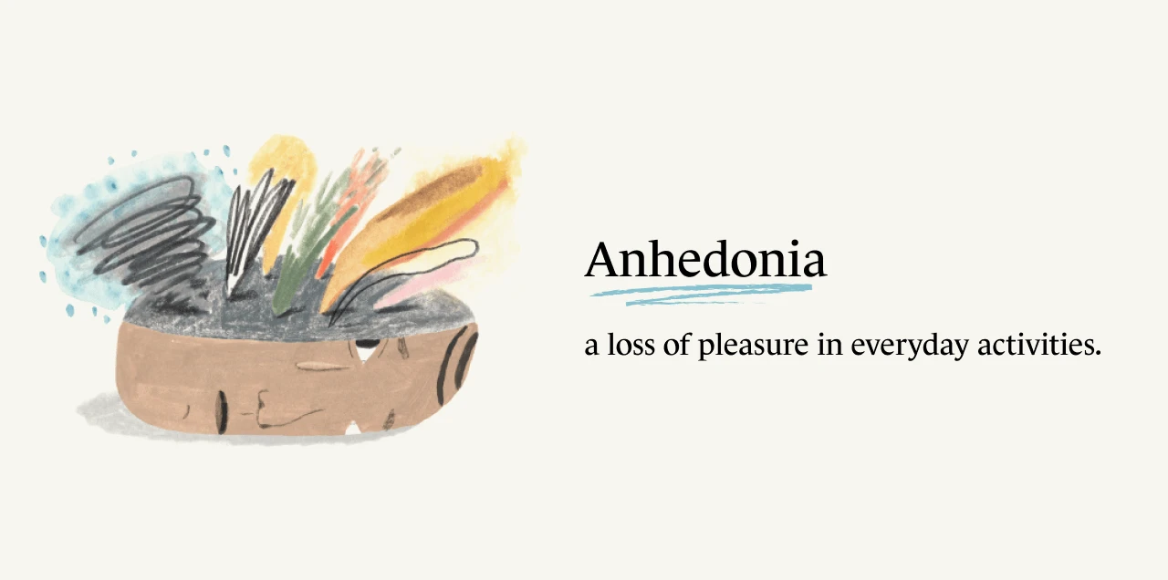 A Monarch original illustration of half of a head with colors and scribbles coming out of it and the definition of Anhedonia as a loss of pleasure in everyday activities