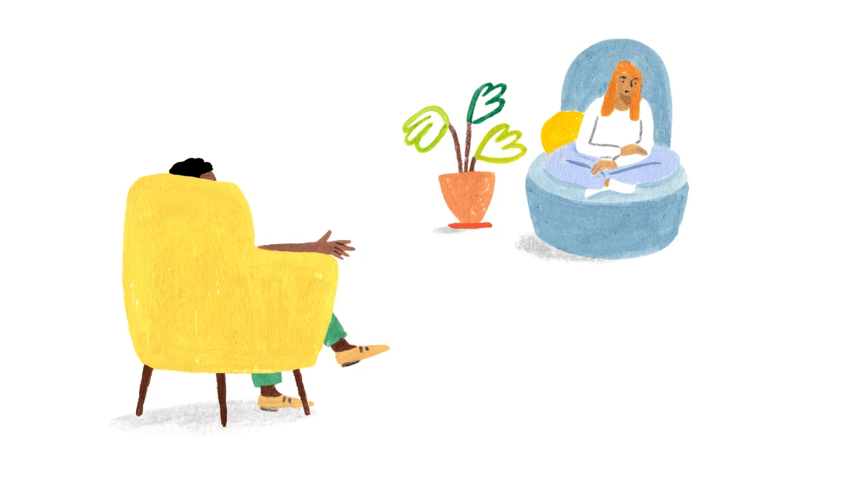 A Monarch original illustration of a therapy session with a therapist sitting in a yellow chair and a patient in a blue chair next to a plant