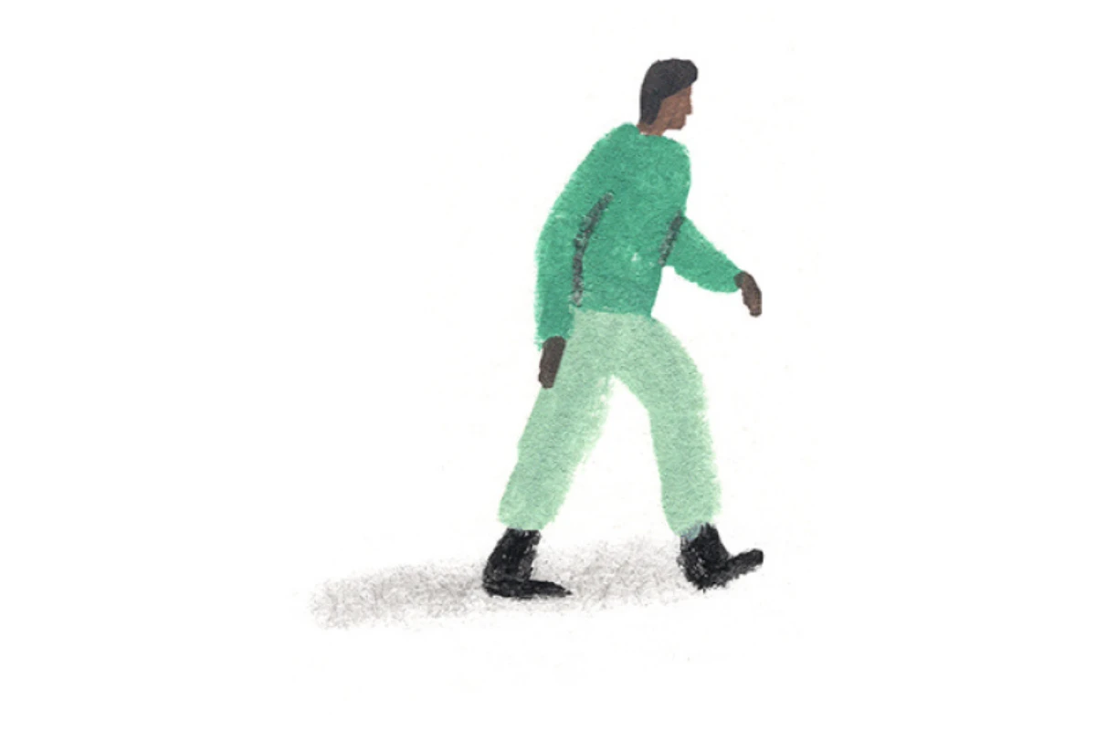 A Monarch by SimplePractice illustration of a man walking in a dark green shirt, light green pants, and black shoes.