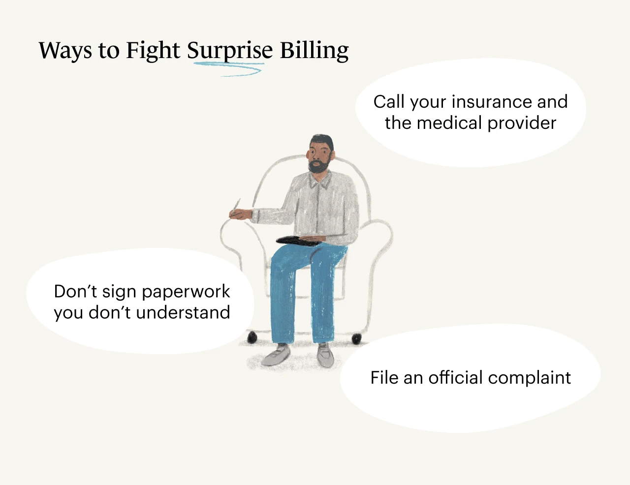 A Monarch original illustration of a man sitting in a chair with examples of ways to fight surprise billing