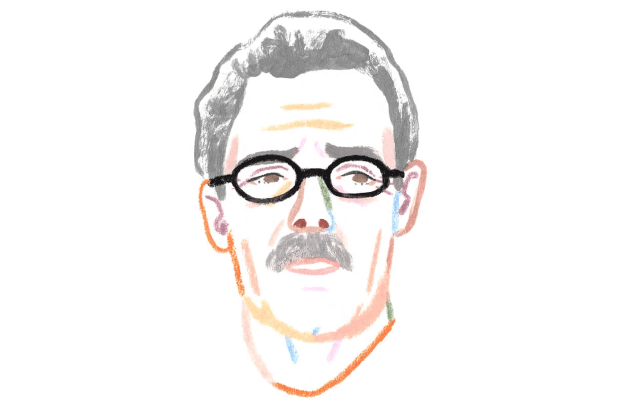 A Monarch by SimplePractice illustration of the head of an older man wearing glasses and sporting a mustache.