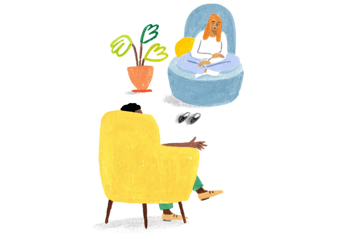 A Monarch by SimplePractice illustration of a therapist sitting in a yellow chair facing a client sitting in a blue chair next to a plant. 