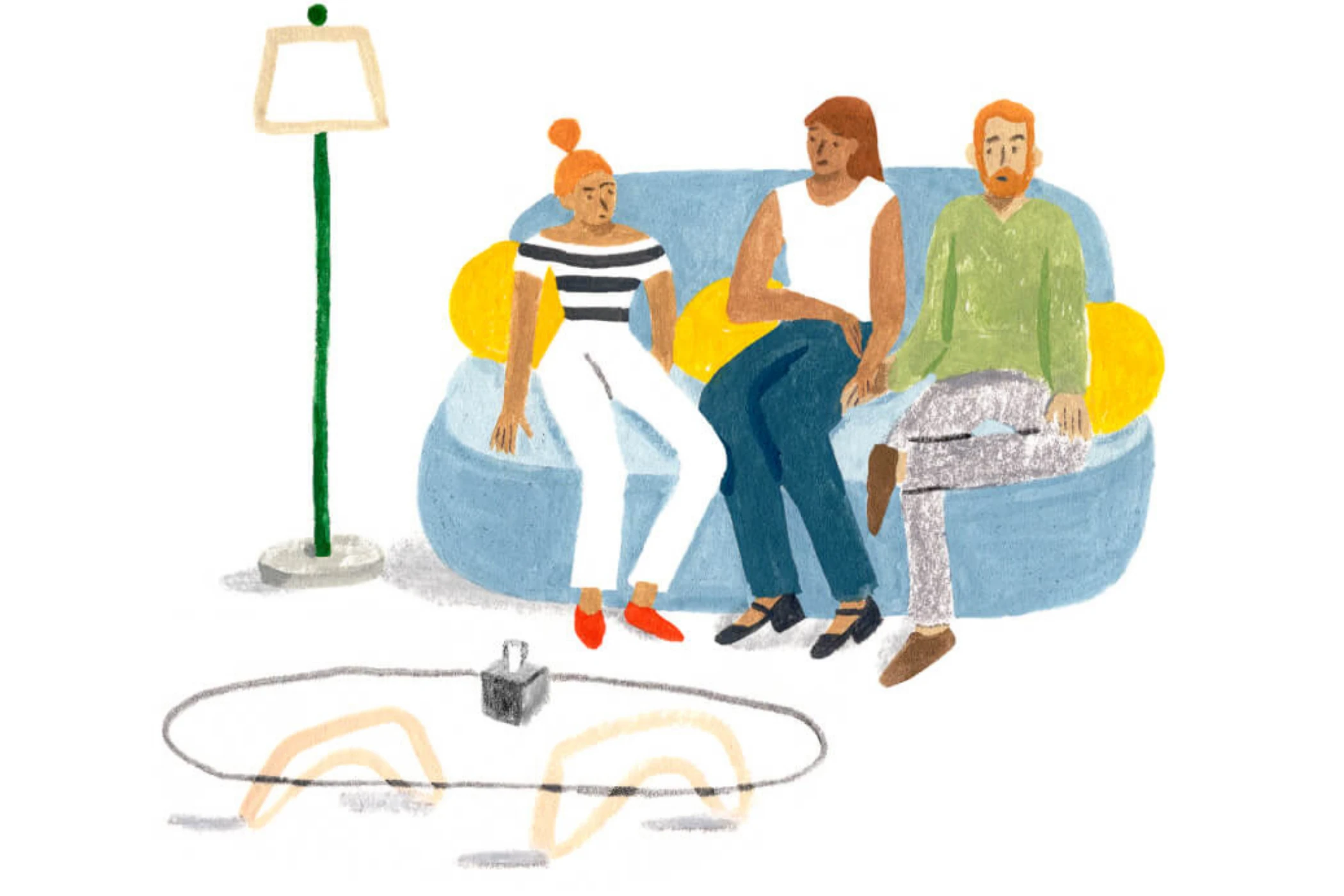 A Monarch by SimplePractice illustration of three people sitting on a blue couch next to a lamp and coffee table. 