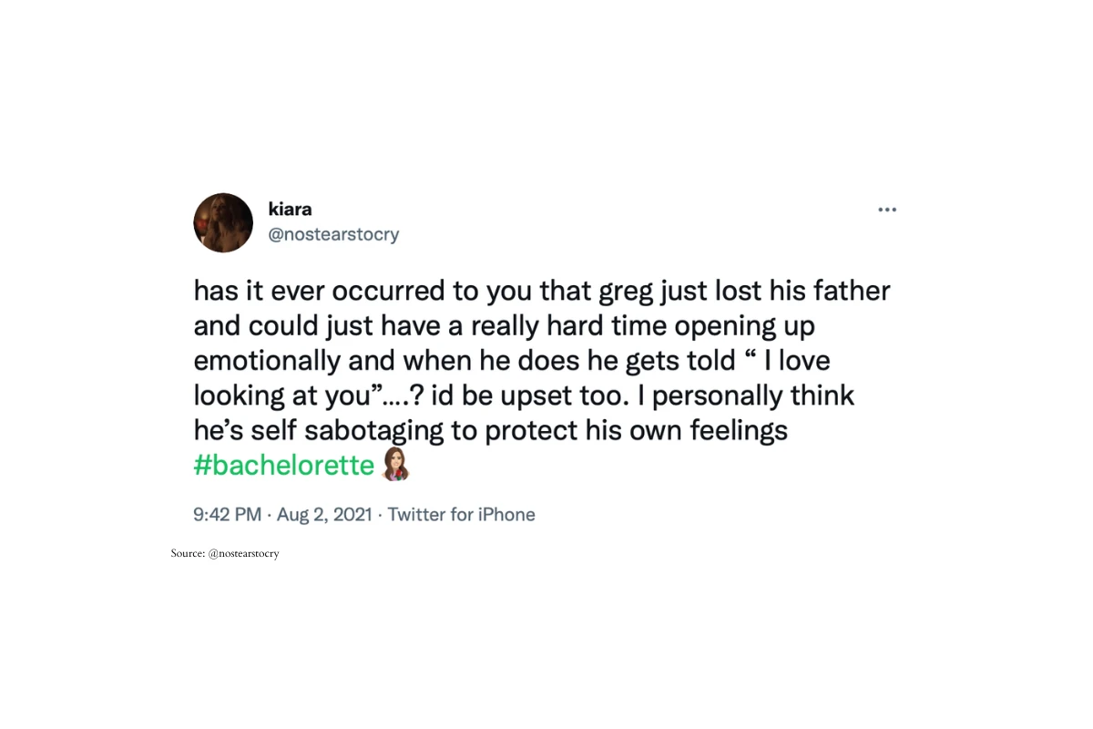 A screenshot of a tweet posted by @nostearstocry defending Greg Grippo from accusations that he gaslit Katie Thurston on an episode of The Bachelorette.