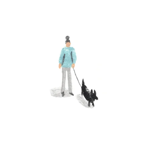 A Monarch by SimplePractice illustration of a woman with gray hair in a bun wearing a blue shirt, gray pants, and darker gray shoes walking a black dog on a leash.